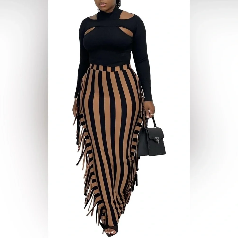 Fringe Maxi Pencil High Waist Bodycon Striped Tassel Skirt Black Brown, Small